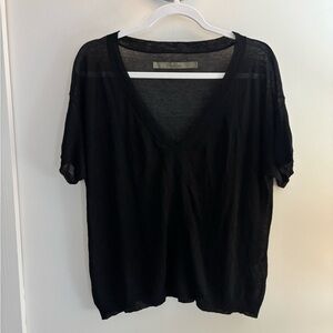 Enza Costa Black Sheer V-Neck Blouse | Tencel Cashmere Blend Lightweight Size M